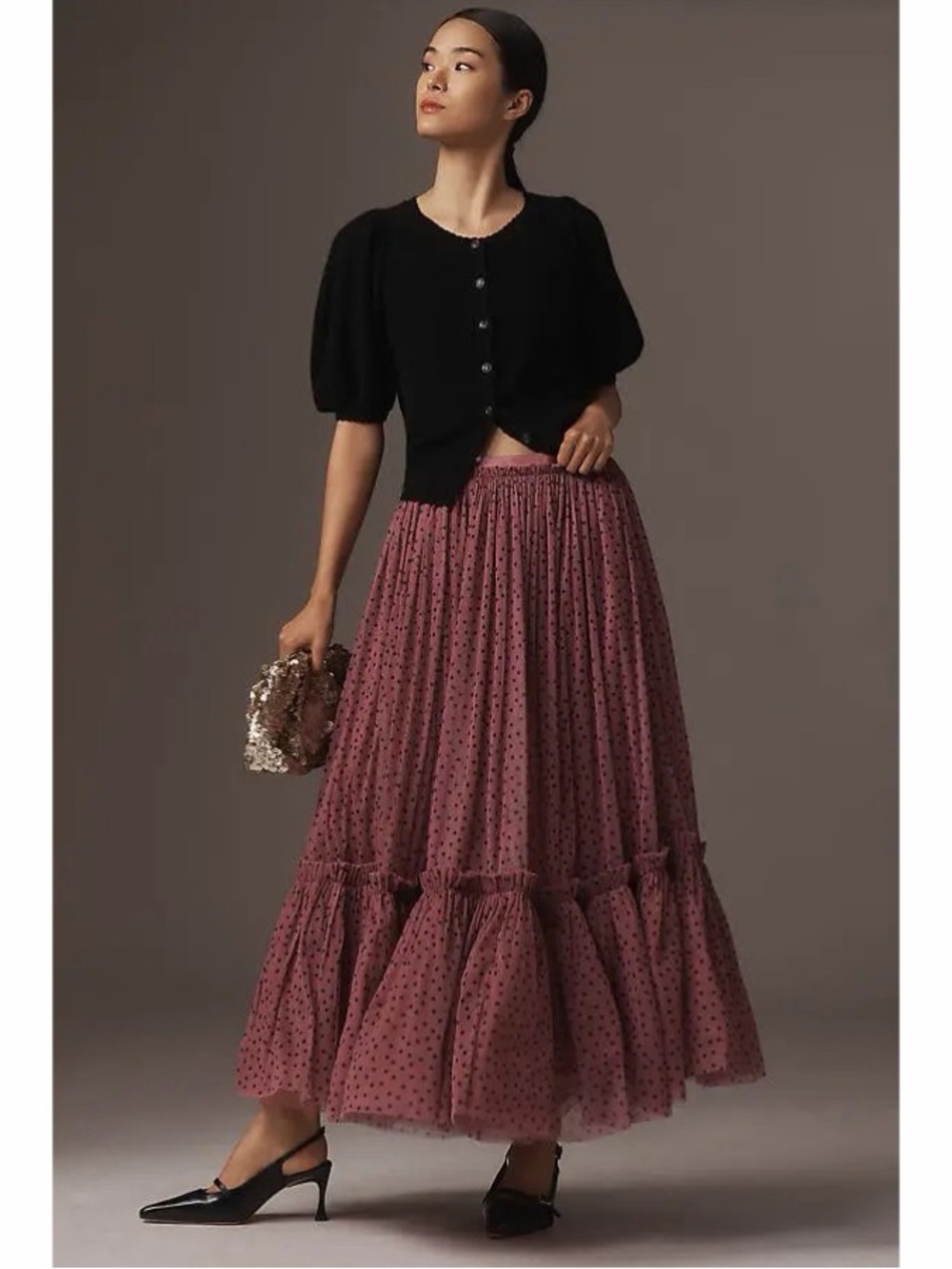 Anthropologie Pink Polka Dot Tiered Tulle Maxi Skirt Pull On Balletcore Mesh S